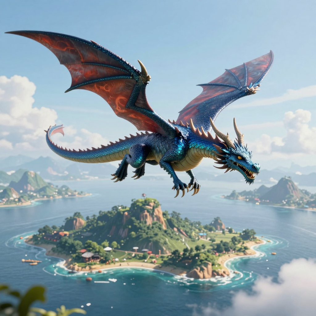 A dragon flying peacefully over an island