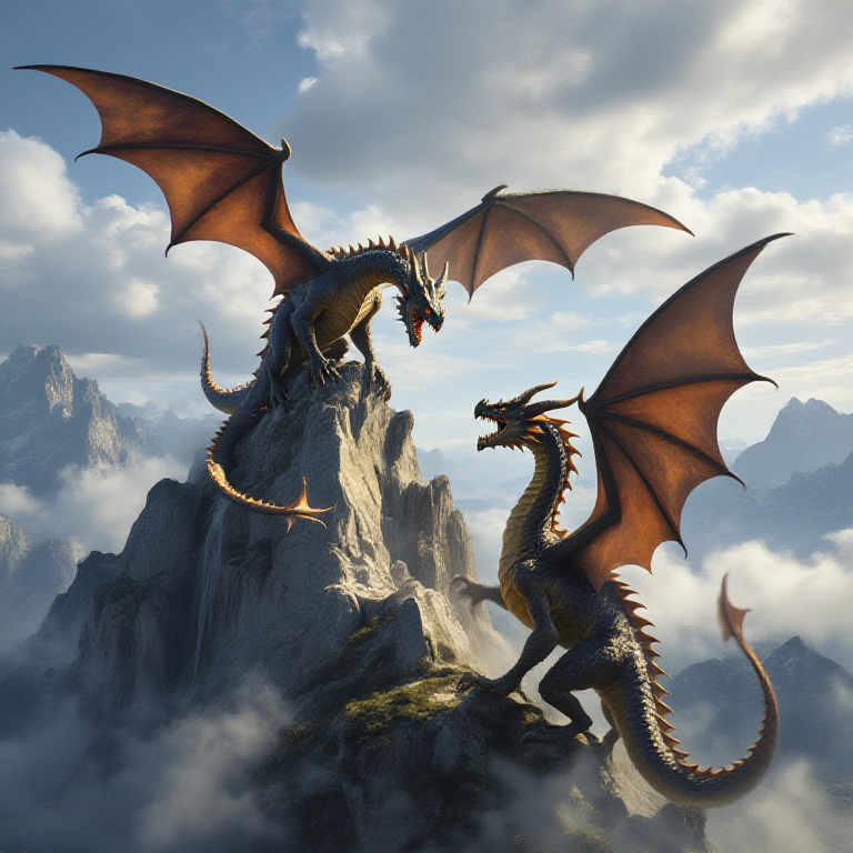 Two dragons fighting on a mountain top