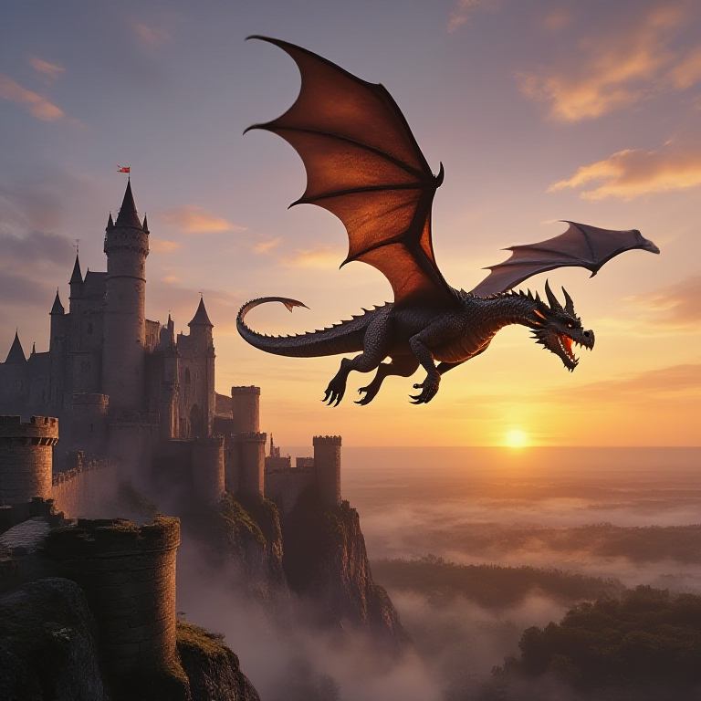 Dragon flying by a castle at sunset