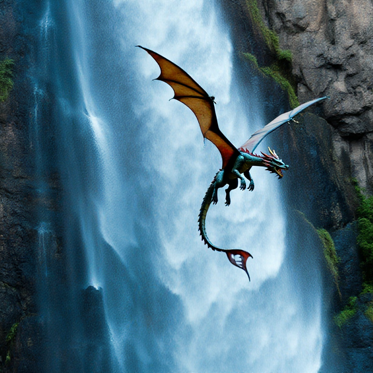 A dragon flying out of a waterfall