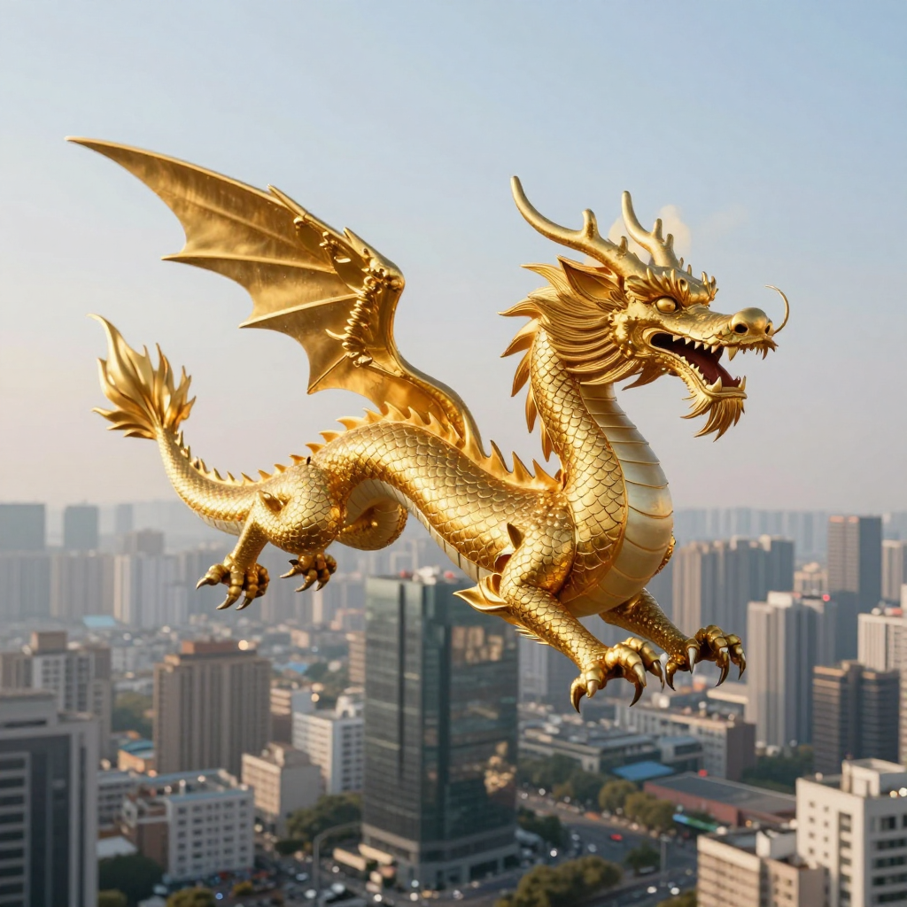 Golden dragon flying over a modern city