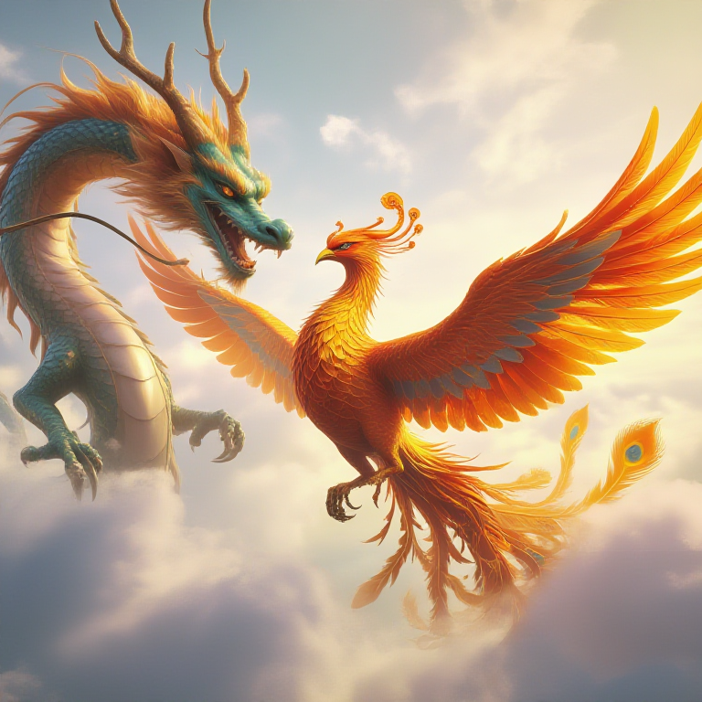 A dragon and a phoenix flying peacefully together