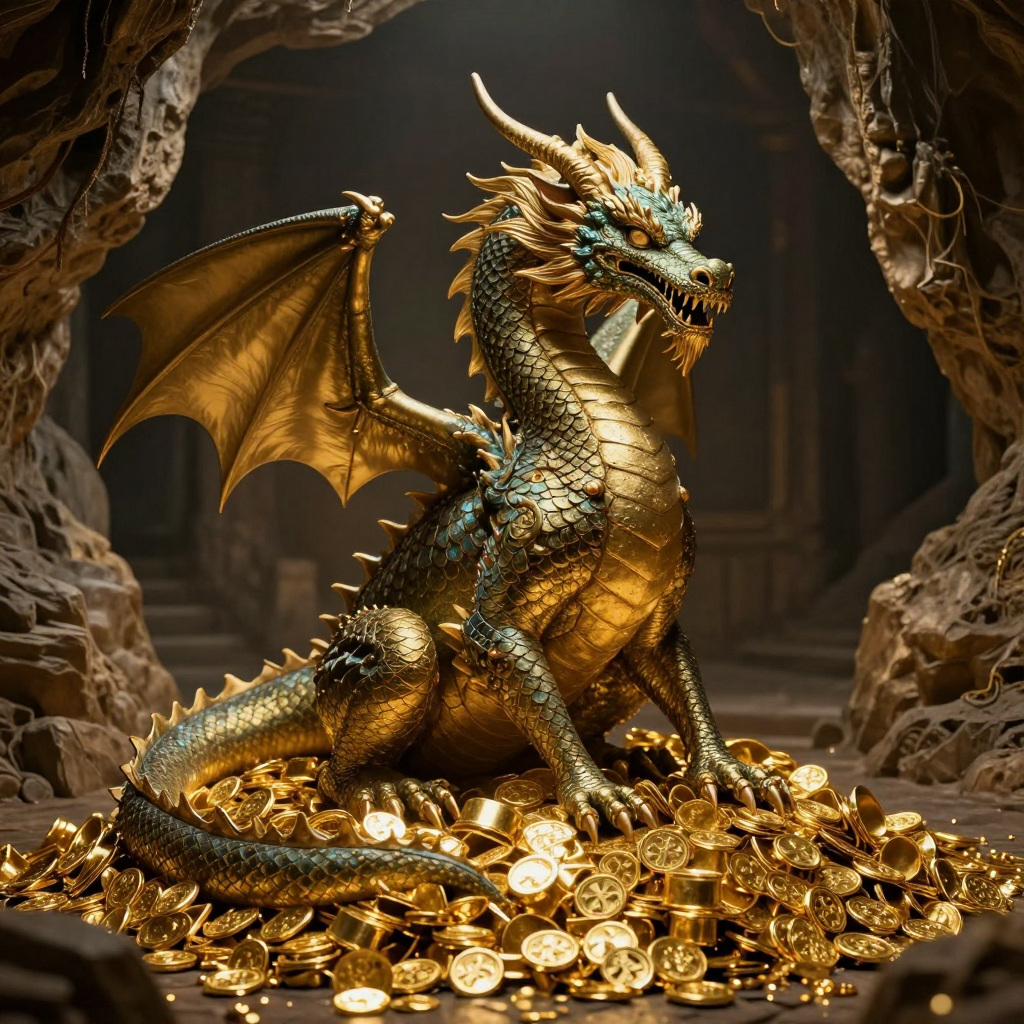 A dragon sitting on a pile of gold in a cave