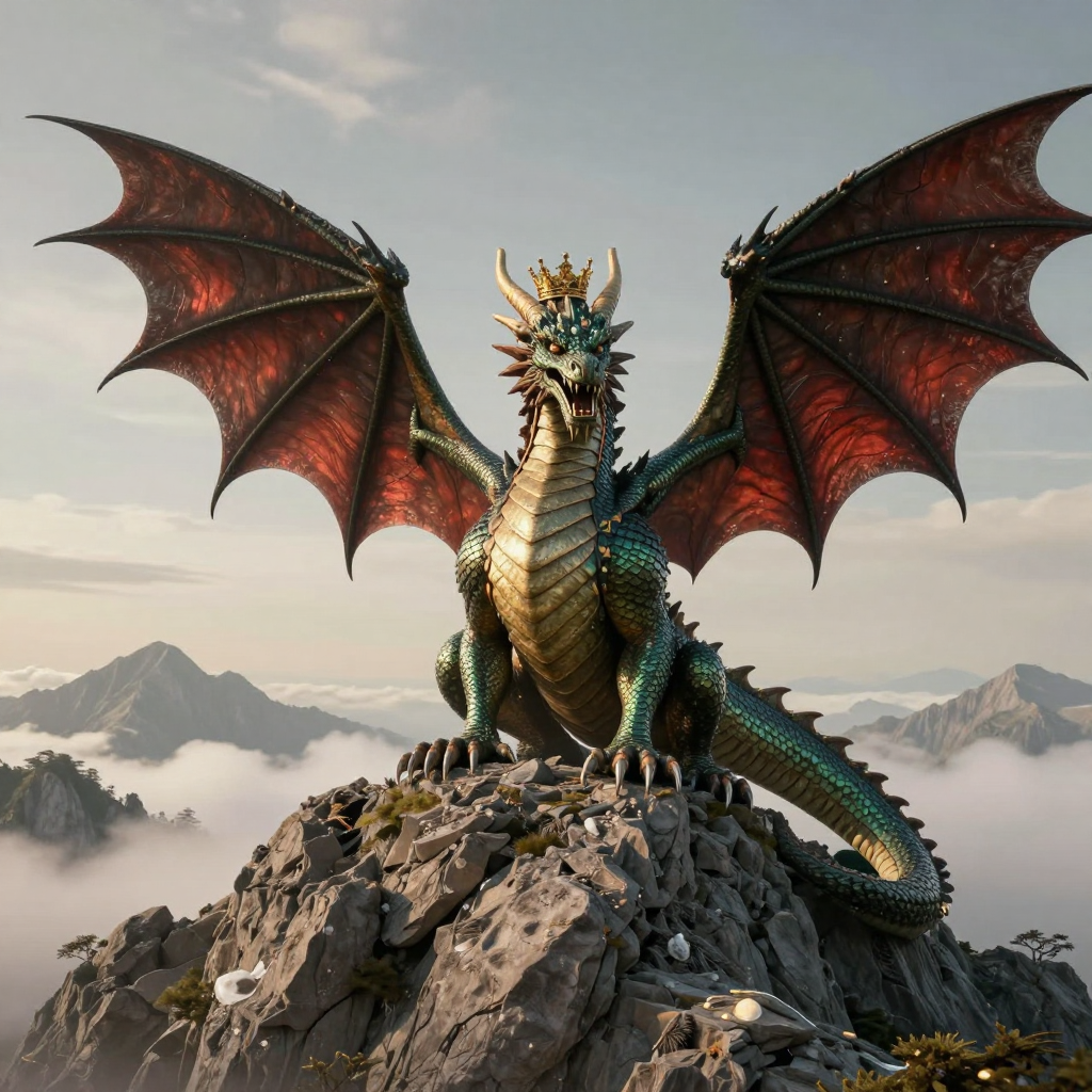 A dragon with a crown on a mountain top